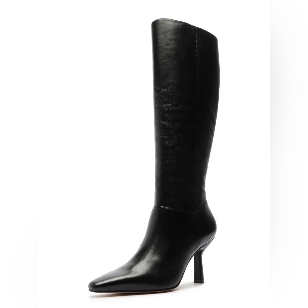 Schutz Jupitar Black Leather Dress Stiletto Pointed Toe Womens Knee Boots